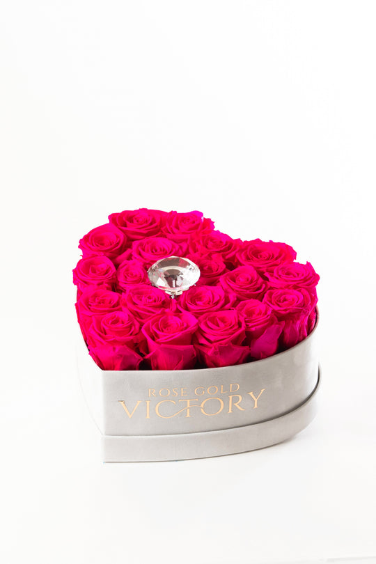 Hot pink preserved roses in a white heart box with crystal accent — Rose Gold Victory
