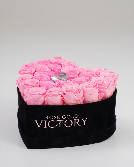 Pink Roses in Black Heart Box (LG)