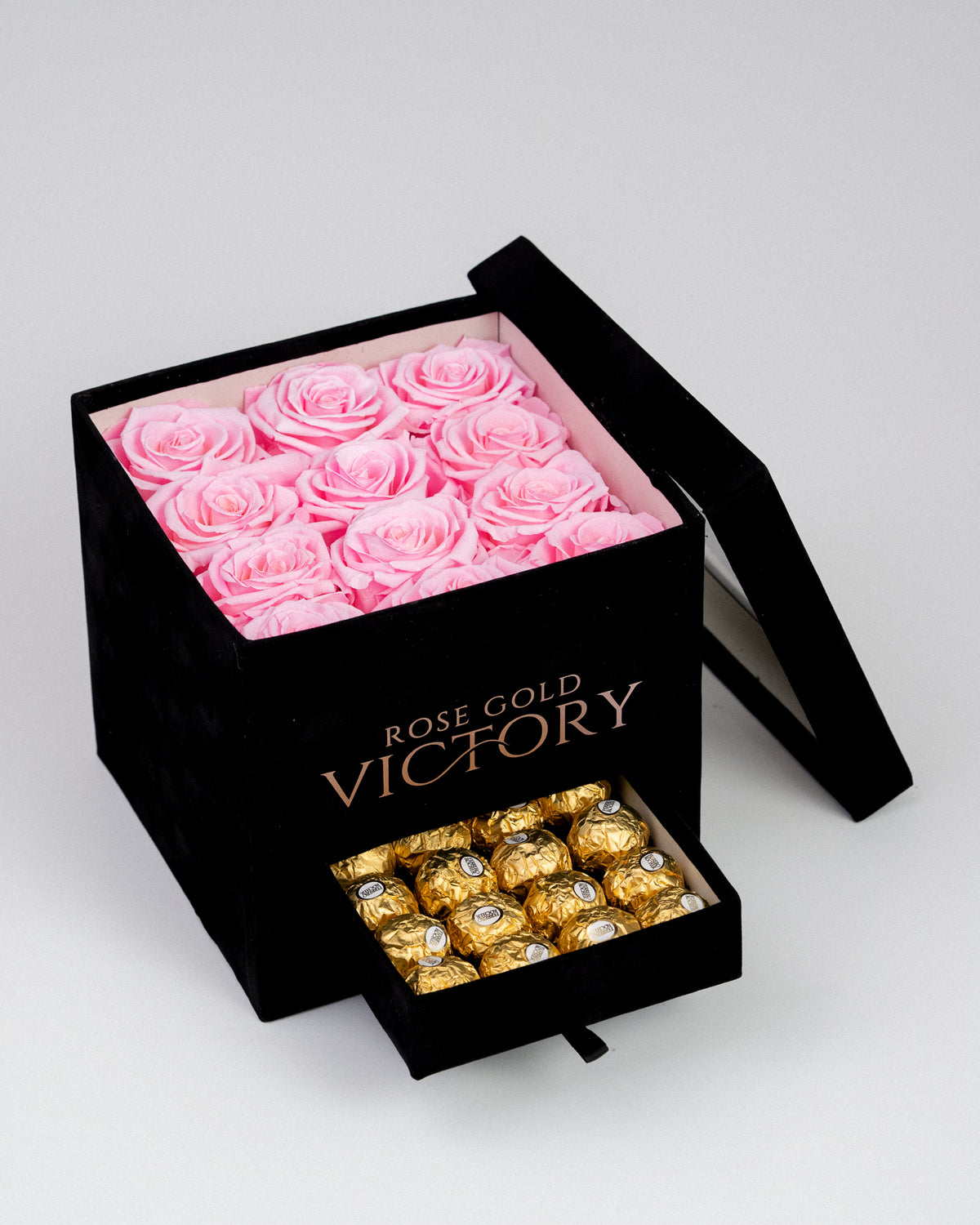 Pink Roses in Black Square Box with Chocolates