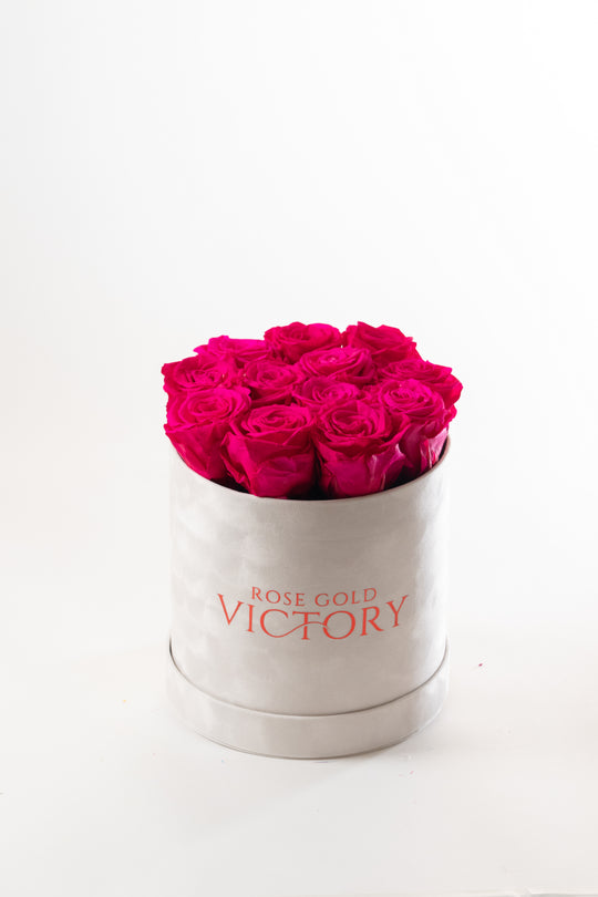 Hot Pink Roses in Round White Box (LG)
