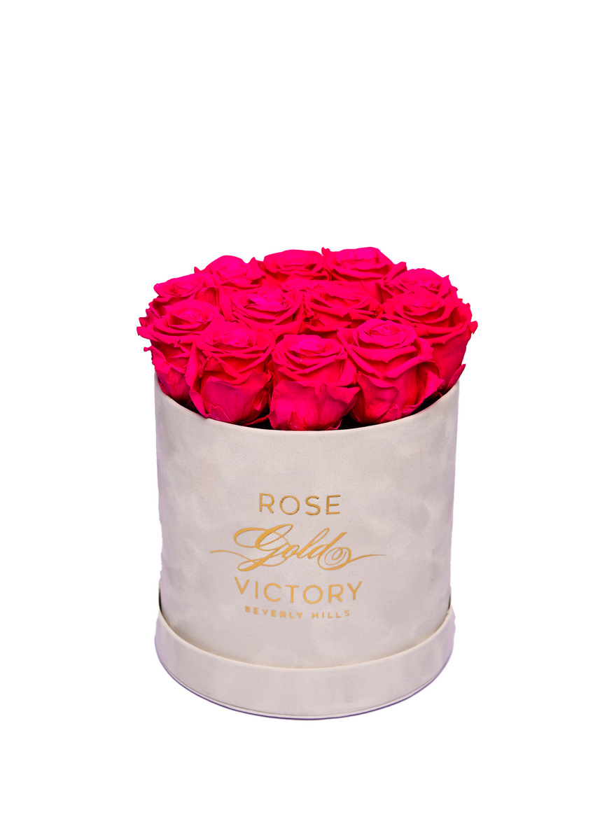 Hot Pink Roses in Round White Box (LG)– Rose Gold Victory