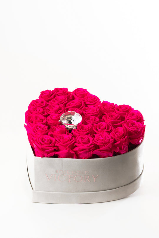 Hot pink preserved roses in a grey suede heart box with a crystal center, Rose Gold Victory
