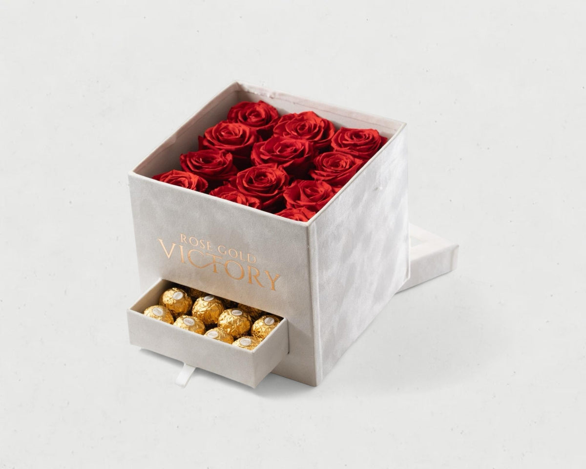 Red Roses in White Square Box with Chocolates