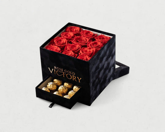 Red Roses in Black Square Box with Chocolates