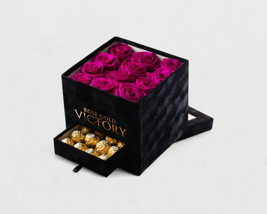 Violet Roses in Black Square Box with Chocolates