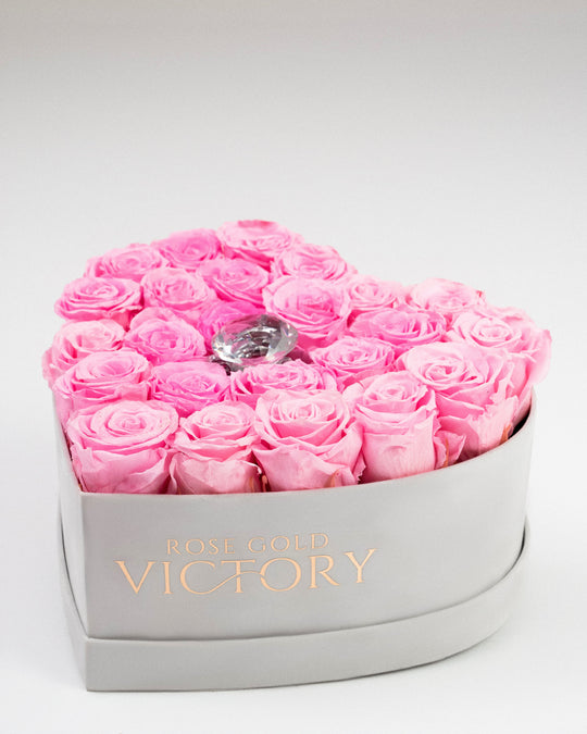 Pink preserved roses in a grey suede heart box with a crystal center, Rose Gold Victory