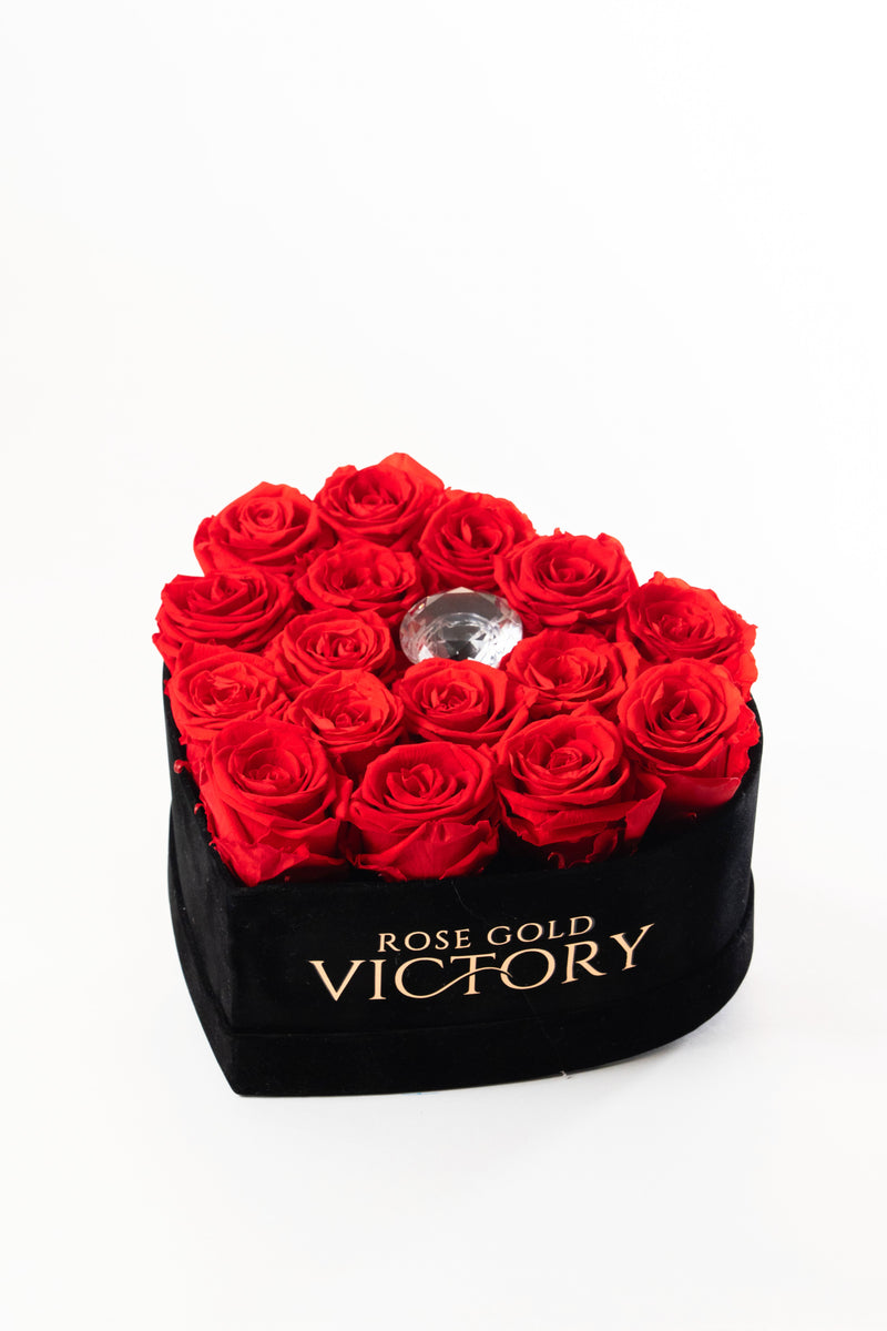 Red preserved roses in a black heart box with crystal accent — Rose Gold Victory