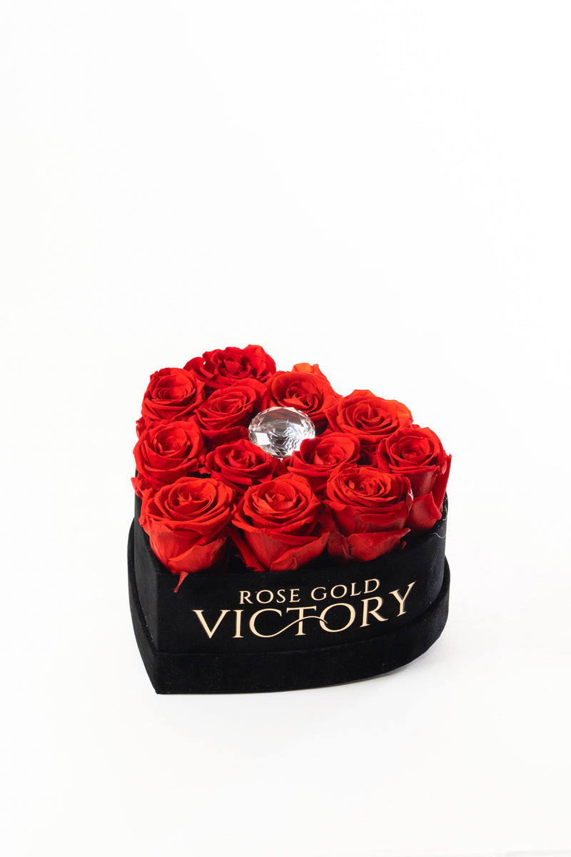 Red preserved roses in a small black heart box with crystal accent — Rose Gold Victory