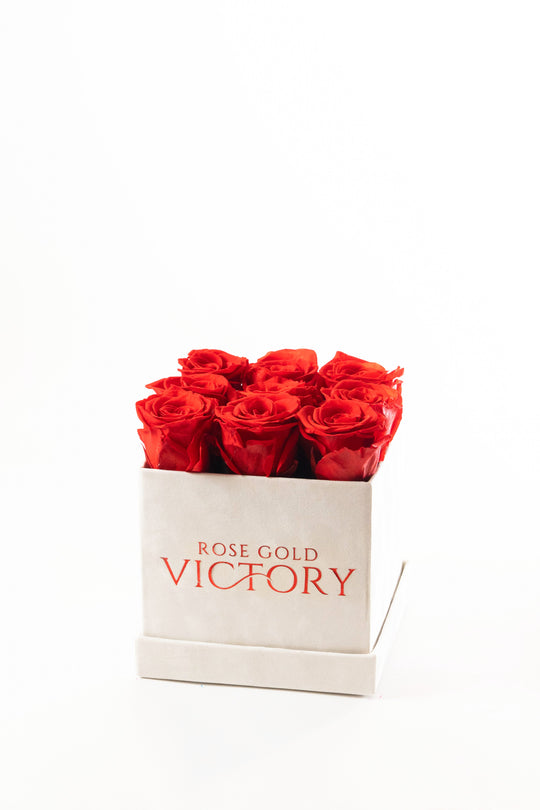 Red preserved roses in a cream suede square keepsake box with the Rose Gold Victory logo