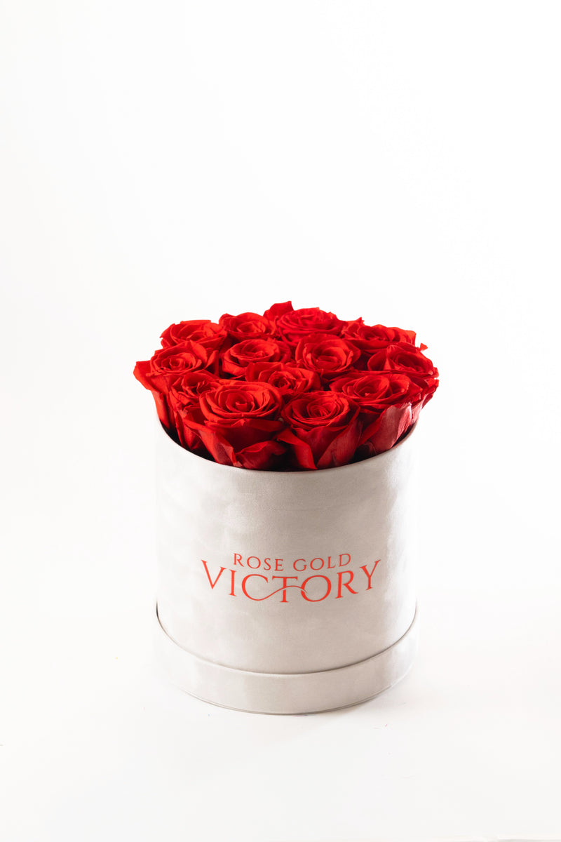 Red preserved roses in a large round suede box — Rose Gold Victory