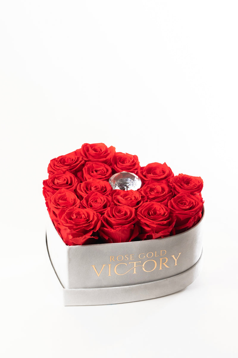 Red preserved roses in a white heart box with crystal accent — Rose Gold Victory