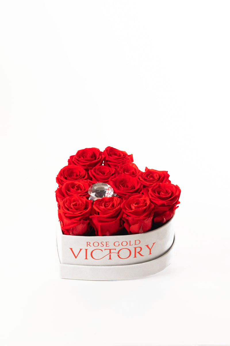 Red preserved roses in a small white heart box with crystal accent — Rose Gold Victory
