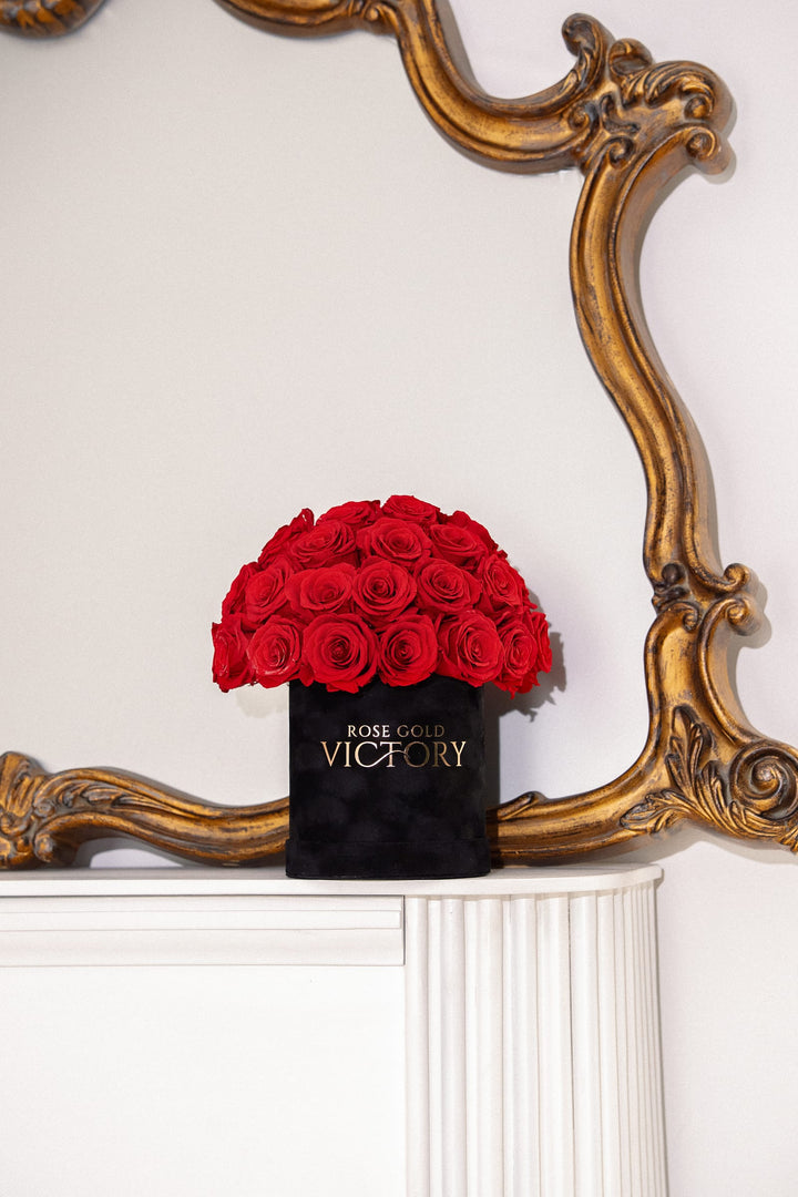 Rose Gold Victory red preserved-rose dome in a black keepsake box beside a gilded mirror