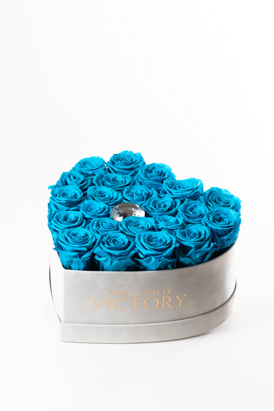 Tiffany blue preserved roses in a grey suede heart box with a crystal center, Rose Gold Victory