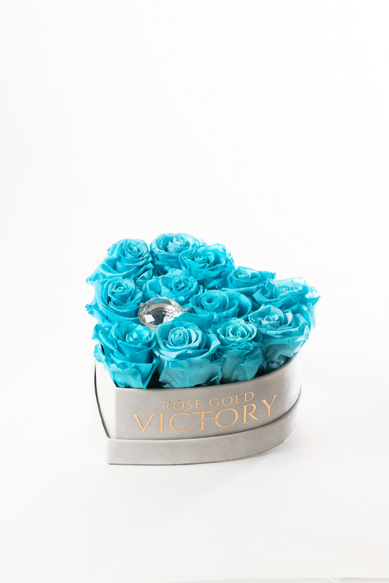 Tiffany blue preserved roses in a grey suede heart box with a crystal center, Rose Gold Victory