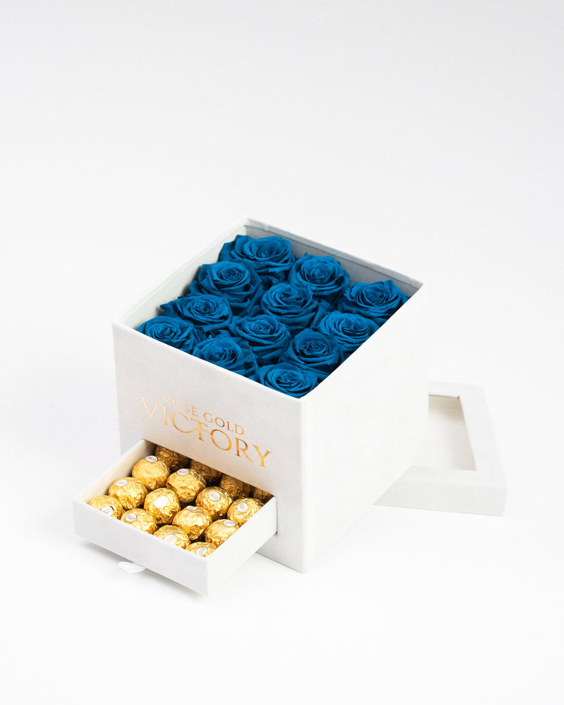 Royal blue preserved roses in a white keepsake box with Ferrero Rocher chocolates, Rose Gold Victory