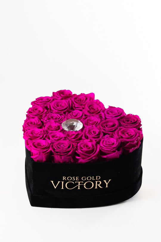 Violet preserved roses in a large black heart box with crystal accent — Rose Gold Victory