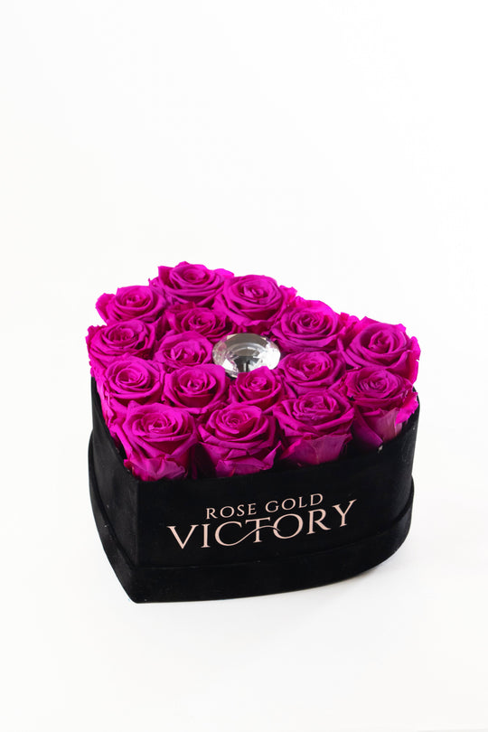 Violet preserved roses in a black heart box with crystal accent — Rose Gold Victory