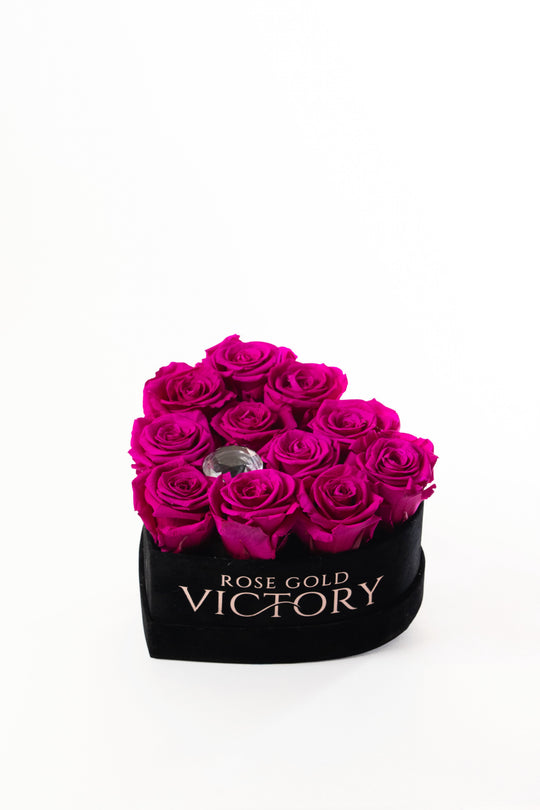 Violet preserved roses in a small black heart box with crystal accent — Rose Gold Victory