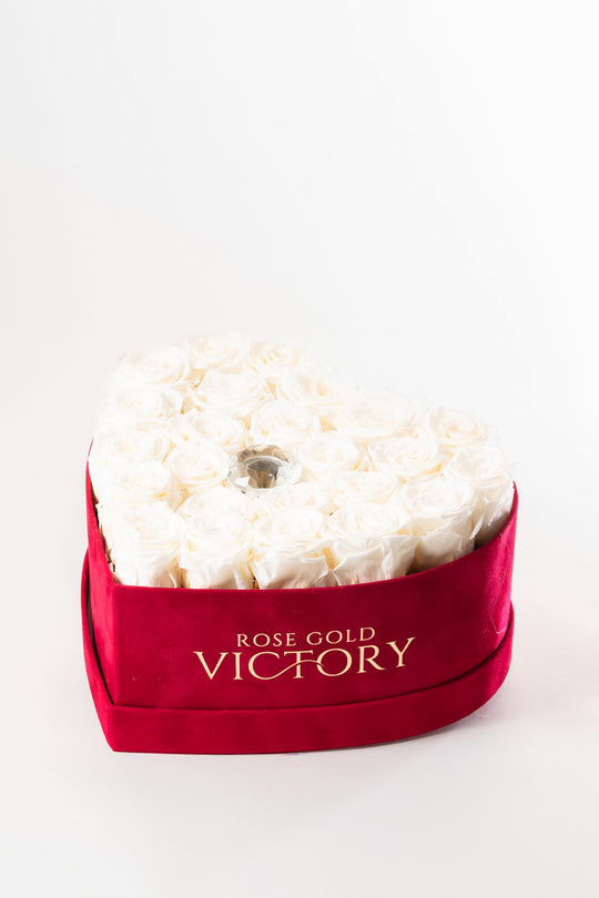 White preserved roses in a red velvet heart box with a crystal center, Rose Gold Victory