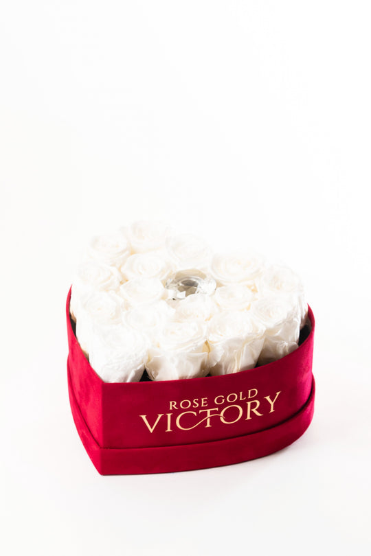 White preserved roses in a red heart box with crystal accent — Rose Gold Victory