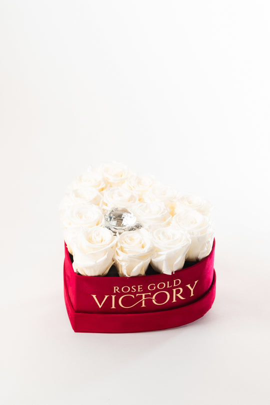 White preserved roses in a small red heart box with crystal accent — Rose Gold Victory